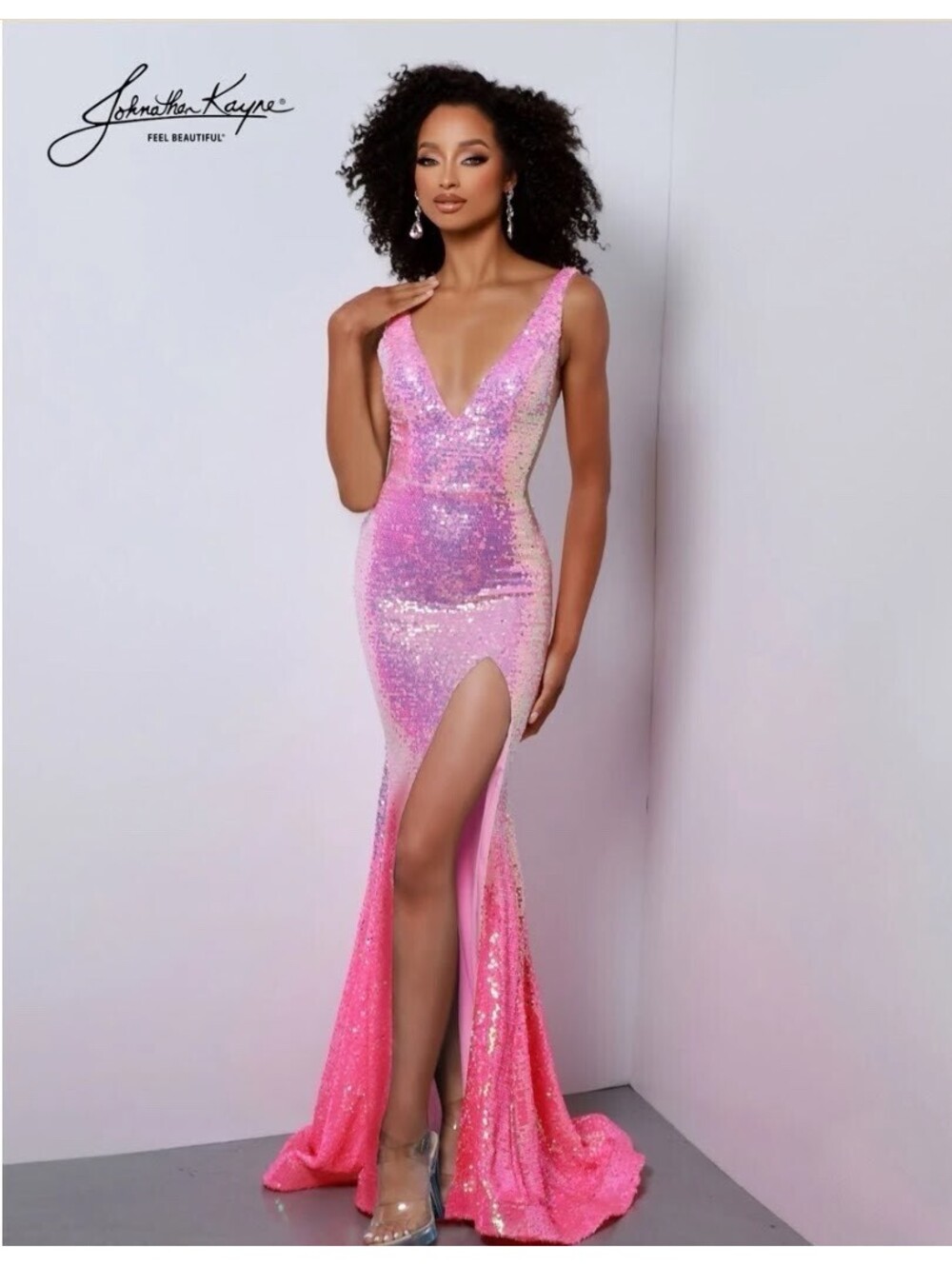 Hot Pink Ombre Sequin V-Neck Column Gown with Feathers and Dramatic High Slit